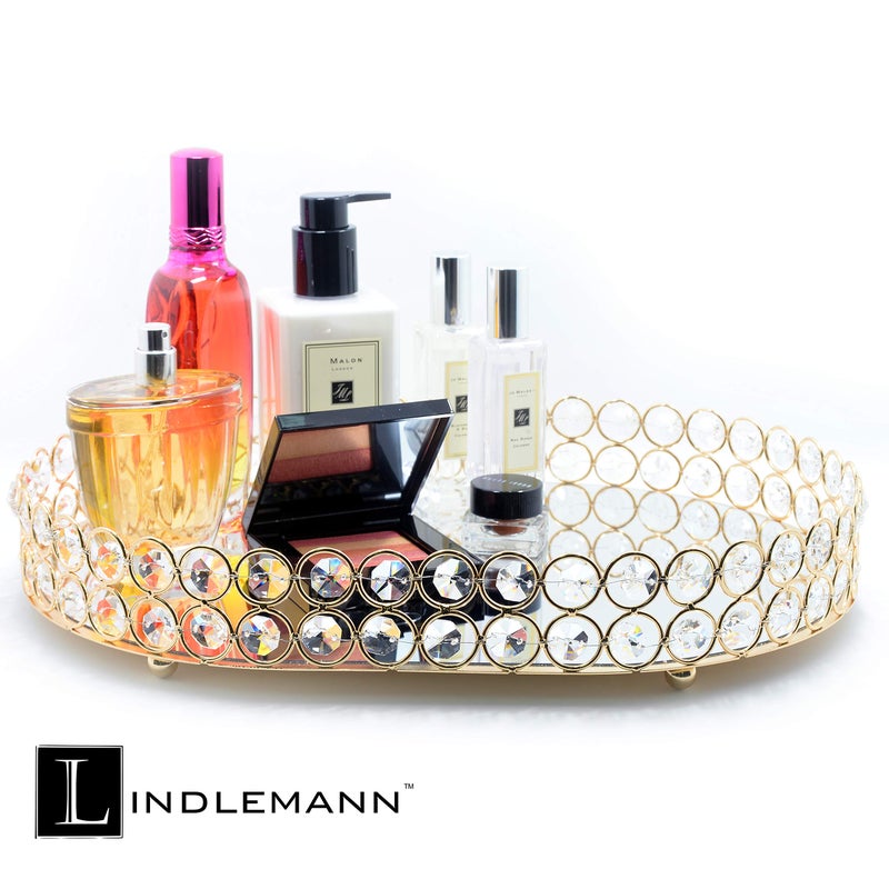 LINDLEMANN Crystal Vanity Tray Decorative Mirrored Dresser Perfume Trays for Makeup Cosmetic Storage Jewelry Trinket Storage Organizer for Bathroom Countertop Home DÃ©cor (Oval, 14x10in, Gold) - Image 3